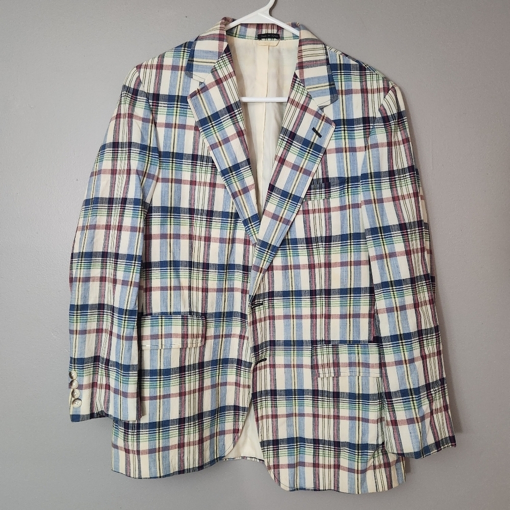 vintage men's plaid blazer jacket size Medium linen The Man's Shop Lord & Taylor